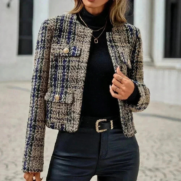 Multicolor Elegant Women's Plaid Pattern Flap Pocket Open Front Tweed Overcoat - Picture 2 of 5